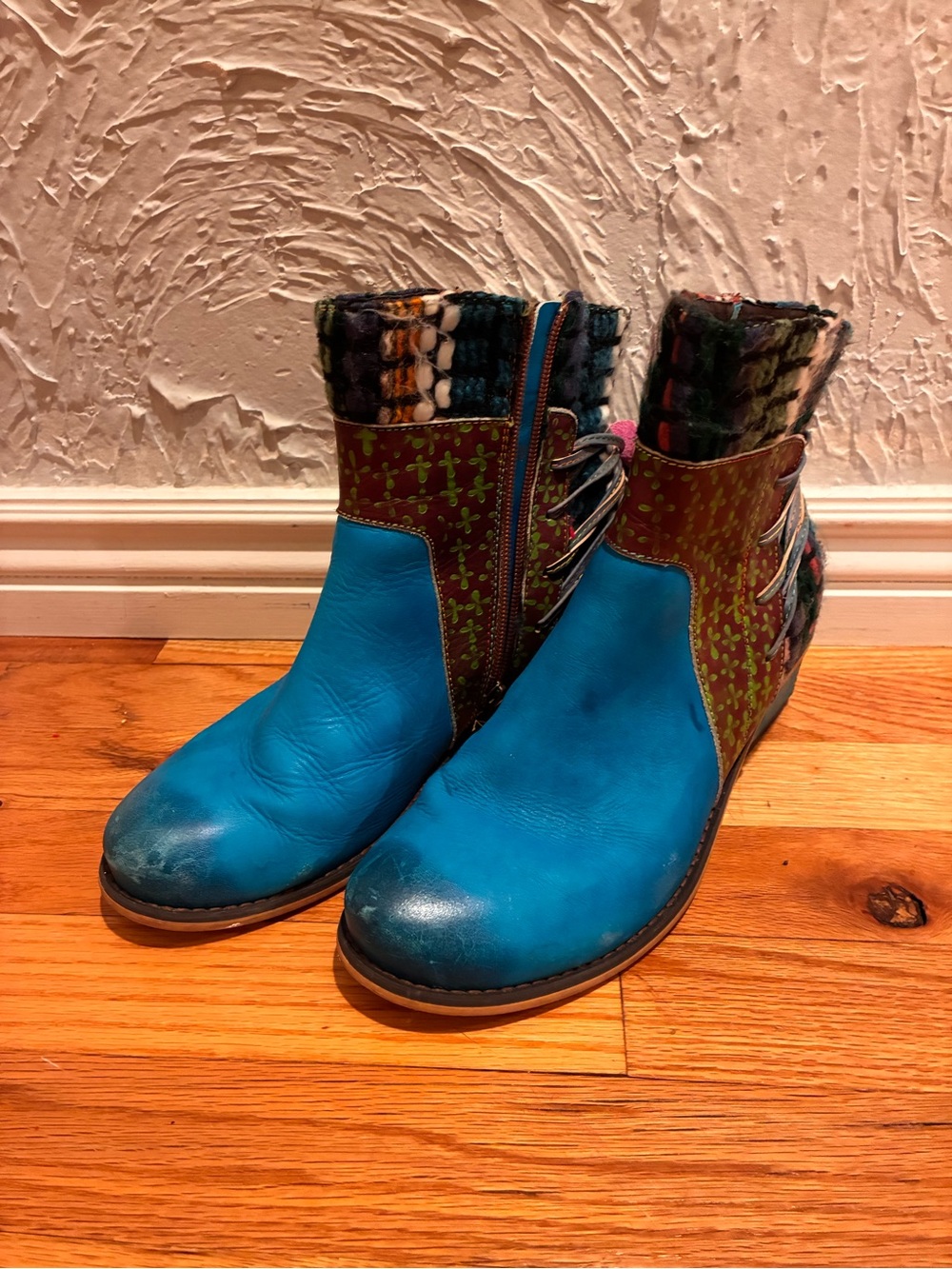 Socofy | Teal Mixed-Pattern Ankle Booties with Side Zip